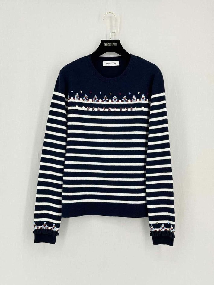Pre - loved VALENTINO Navy Blue & White Striped Size Large Sweater at Reems Closet