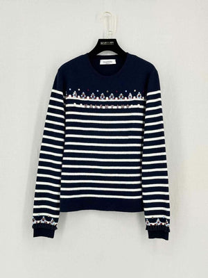Pre - loved VALENTINO Navy Blue & White Striped Size Large Sweater at Reems Closet