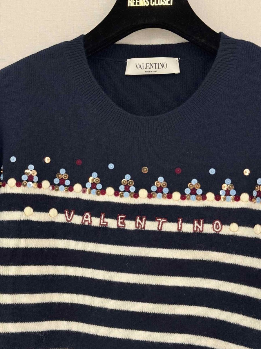 Pre - loved VALENTINO Navy Blue & White Striped Size Large Sweater at Reems Closet