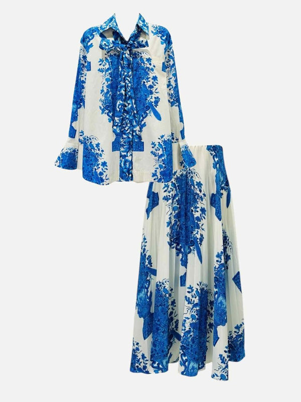 Pre - loved VALENTINO Neck Bow White & Blue Top & Skirt Outfit at Reems Closet