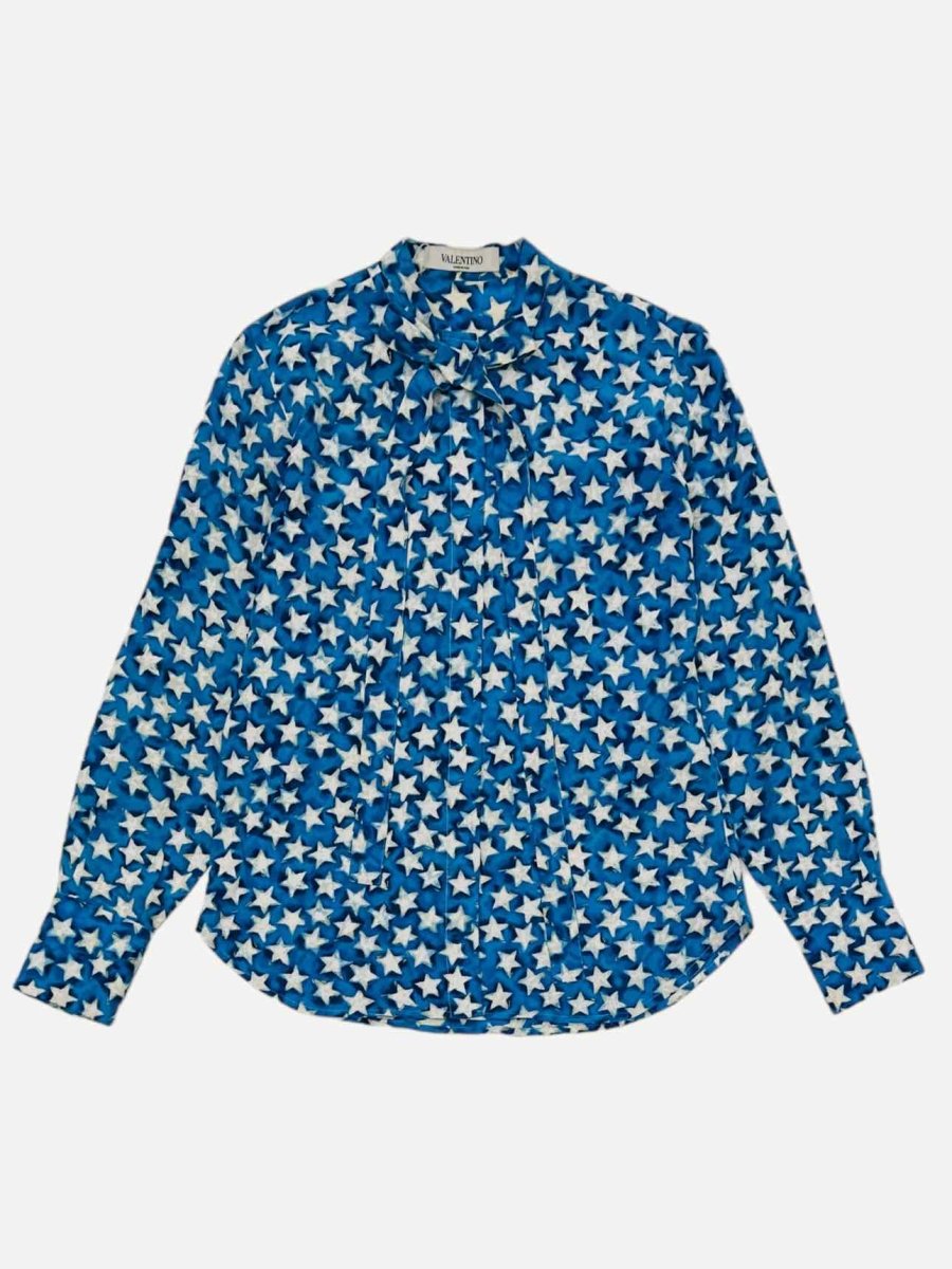 Pre - loved VALENTINO Neck Tie Blue & White Star Print Blouse at Reems Closet