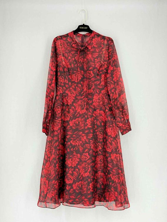 Pre - loved VALENTINO Red & Black Rose Print Knee Length Dress US8 at Reems Closet
