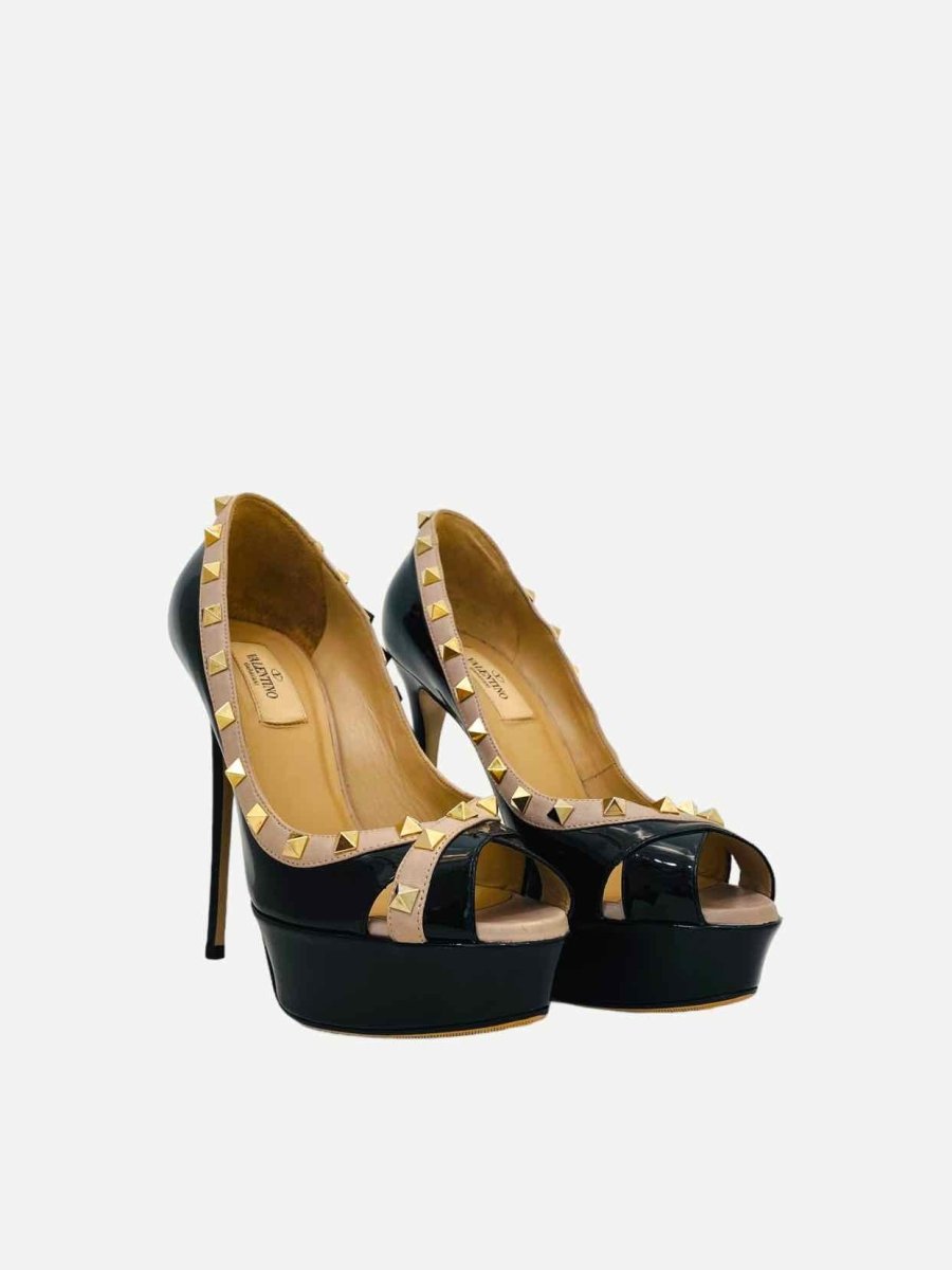 Pre - loved VALENTINO Rockstud Black w/ Beige Pumps at Reems Closet