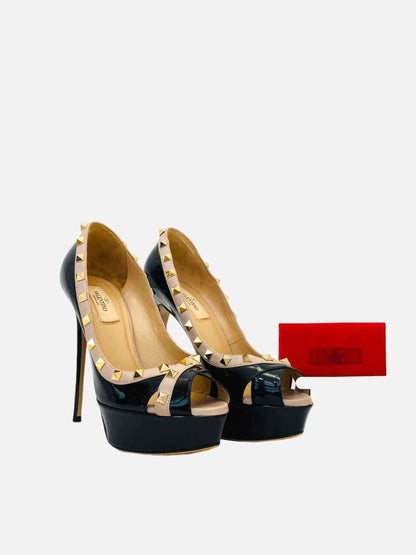 Pre - loved VALENTINO Rockstud Black w/ Beige Pumps at Reems Closet