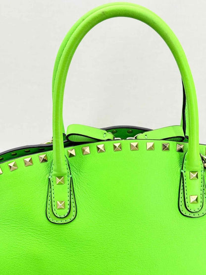 Pre - loved VALENTINO Rockstud Neon Green Tote Bag at Reems Closet