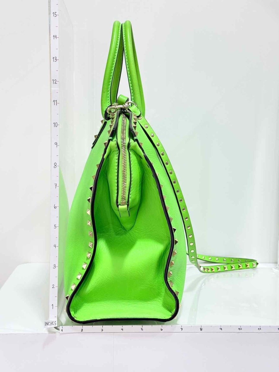 Pre - loved VALENTINO Rockstud Neon Green Tote Bag at Reems Closet