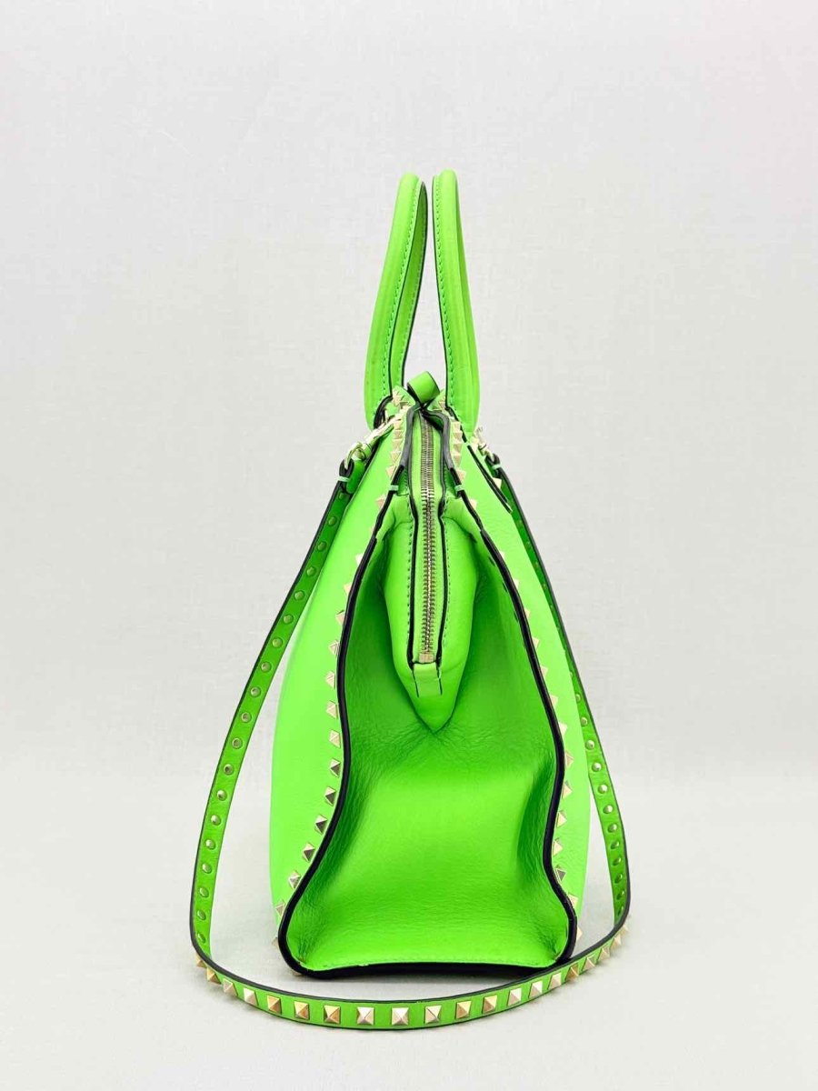 Pre - loved VALENTINO Rockstud Neon Green Tote Bag at Reems Closet