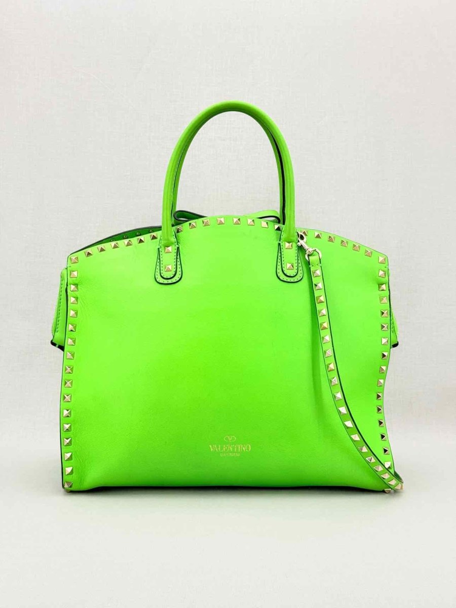 Pre - loved VALENTINO Rockstud Neon Green Tote Bag at Reems Closet
