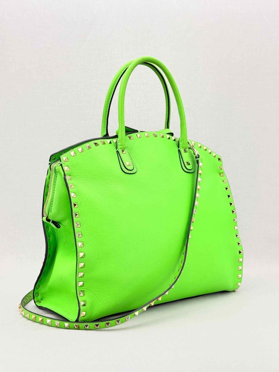 Pre - loved VALENTINO Rockstud Neon Green Tote Bag at Reems Closet