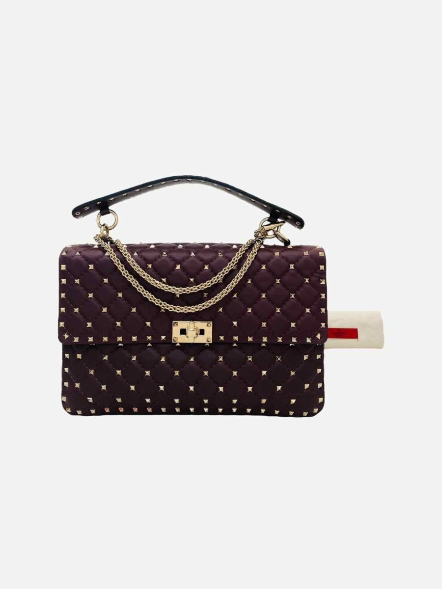 Pre - loved VALENTINO Rockstud Spike Burgundy Quilted Shoulder Bag at Reems Closet