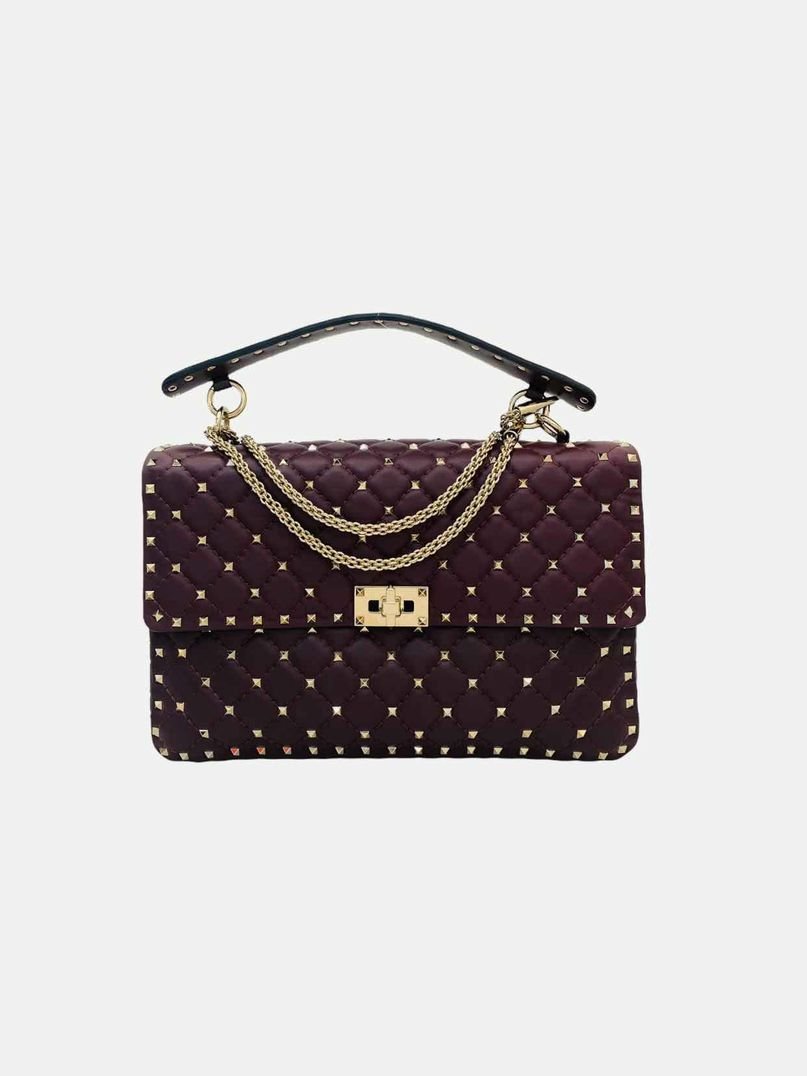 Pre - loved VALENTINO Rockstud Spike Burgundy Quilted Shoulder Bag at Reems Closet