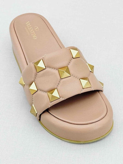 Pre - loved VALENTINO Roman Stud Beige Size EU 38 Slides at Reems Closet