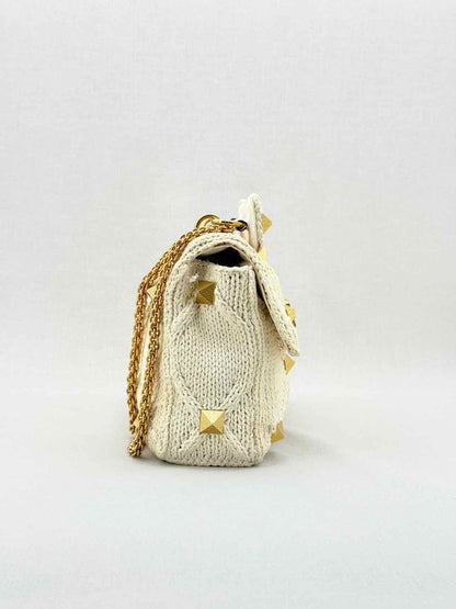 Pre - loved VALENTINO Roman Stud Knit Off - white Top Handle at Reems Closet