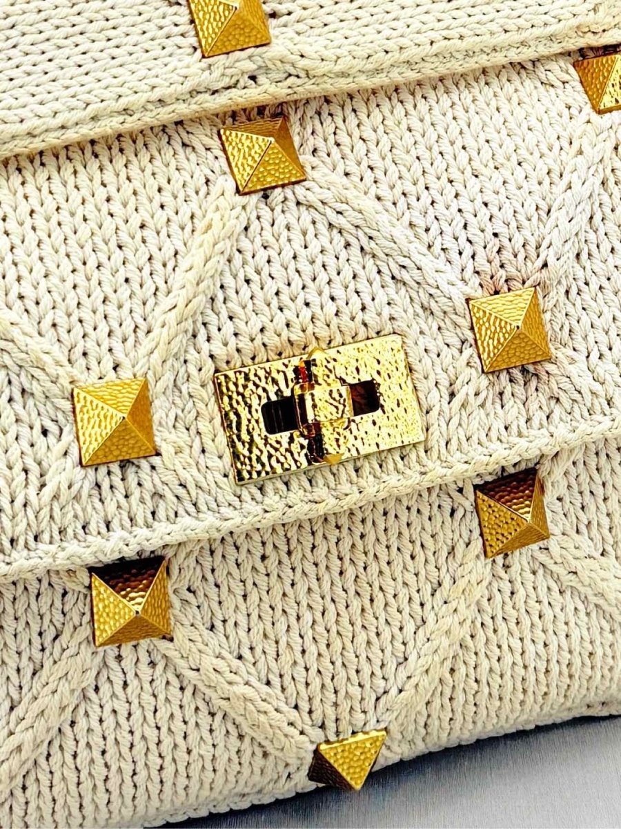 Pre - loved VALENTINO Roman Stud Knit Off - white Top Handle at Reems Closet