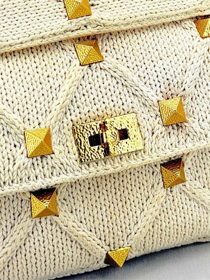 Pre - loved VALENTINO Roman Stud Knit Off - white Top Handle at Reems Closet