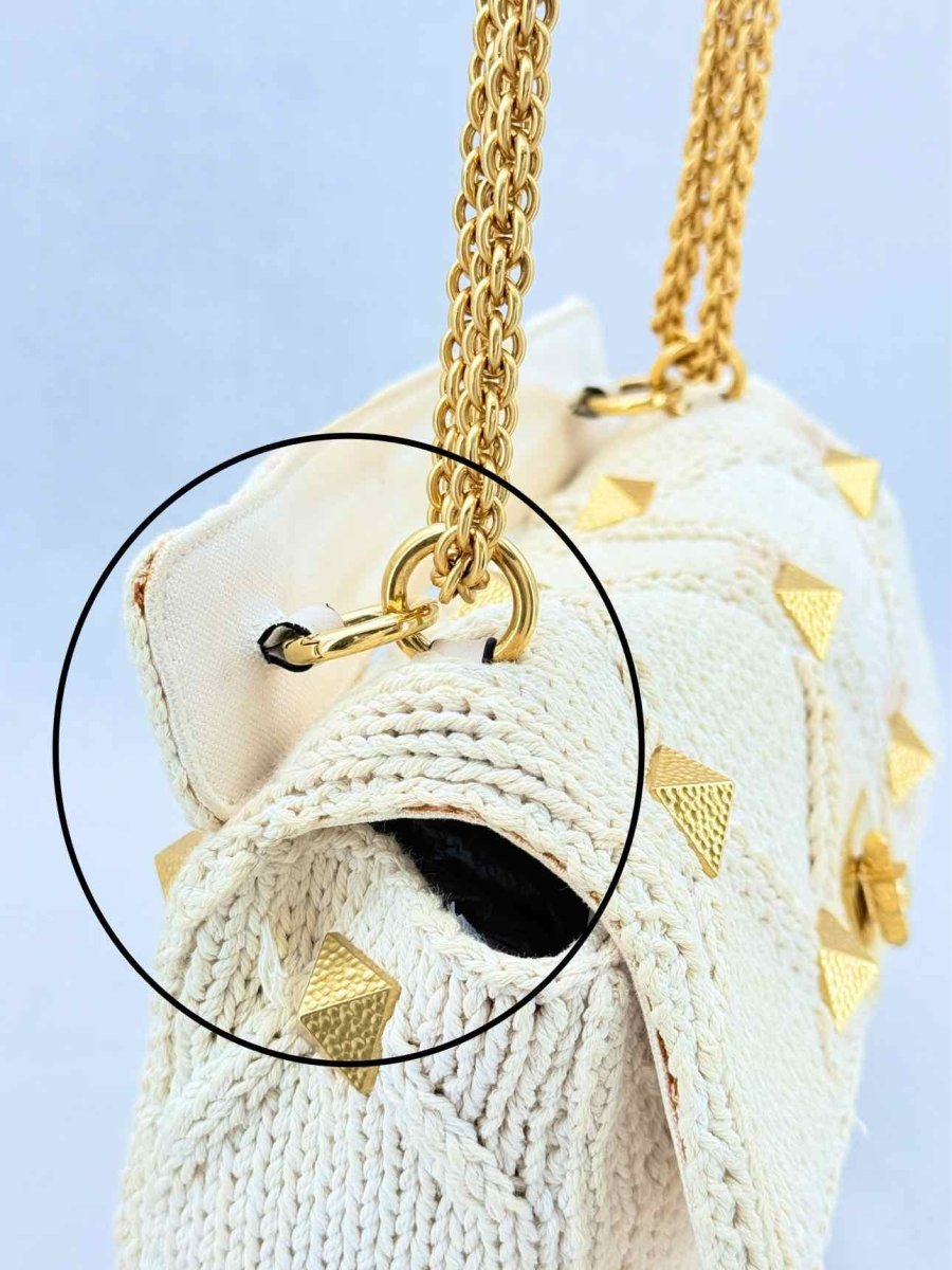Pre - loved VALENTINO Roman Stud Knit Off - white Top Handle at Reems Closet