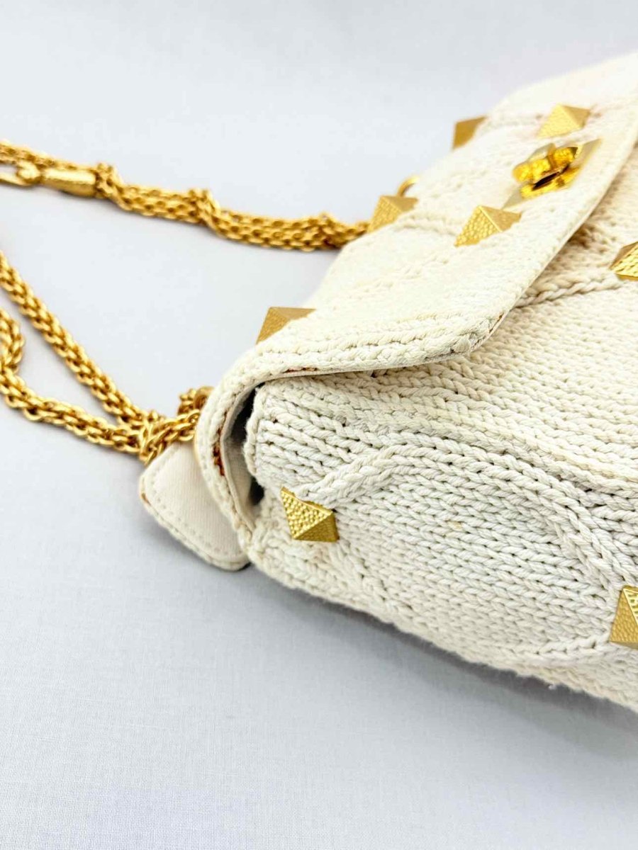 Pre - loved VALENTINO Roman Stud Knit Off - white Top Handle at Reems Closet
