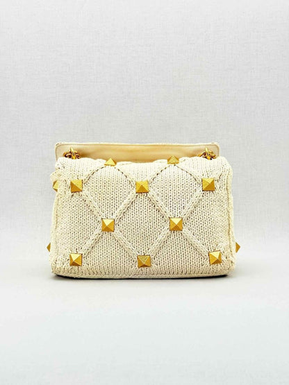 Pre - loved VALENTINO Roman Stud Knit Off - white Top Handle at Reems Closet