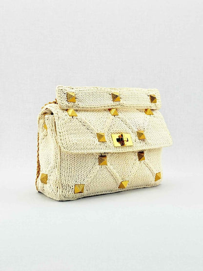 Pre - loved VALENTINO Roman Stud Knit Off - white Top Handle at Reems Closet