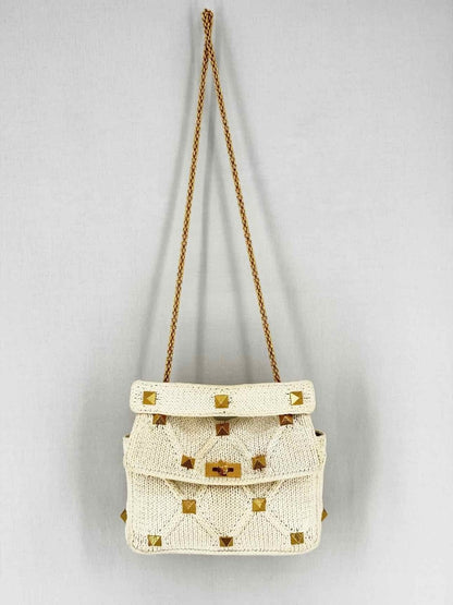 Pre - loved VALENTINO Roman Stud Knit Off - white Top Handle at Reems Closet