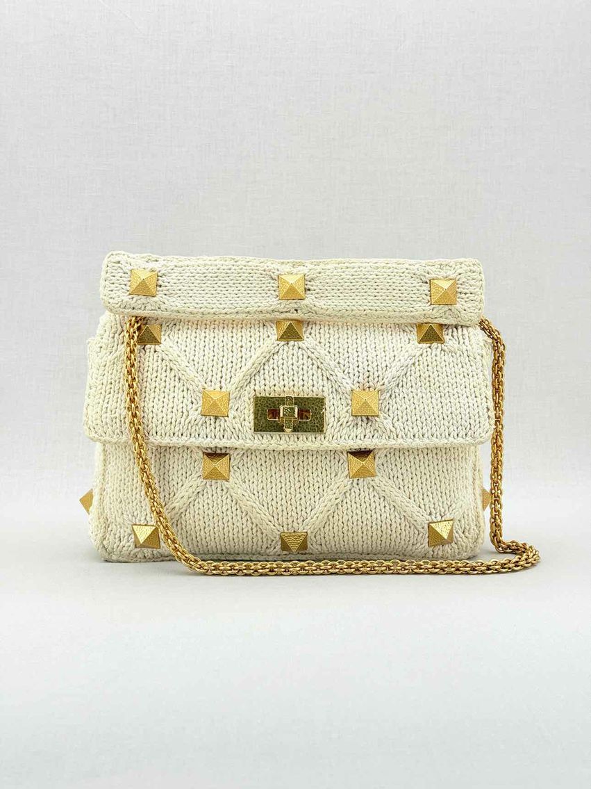 Pre - loved VALENTINO Roman Stud Knit Off - white Top Handle at Reems Closet