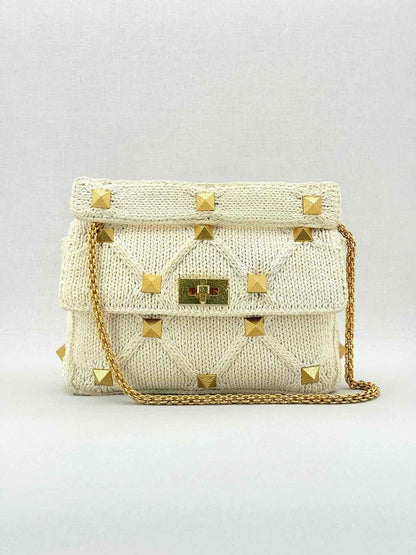 Pre - loved VALENTINO Roman Stud Knit Off - white Top Handle at Reems Closet