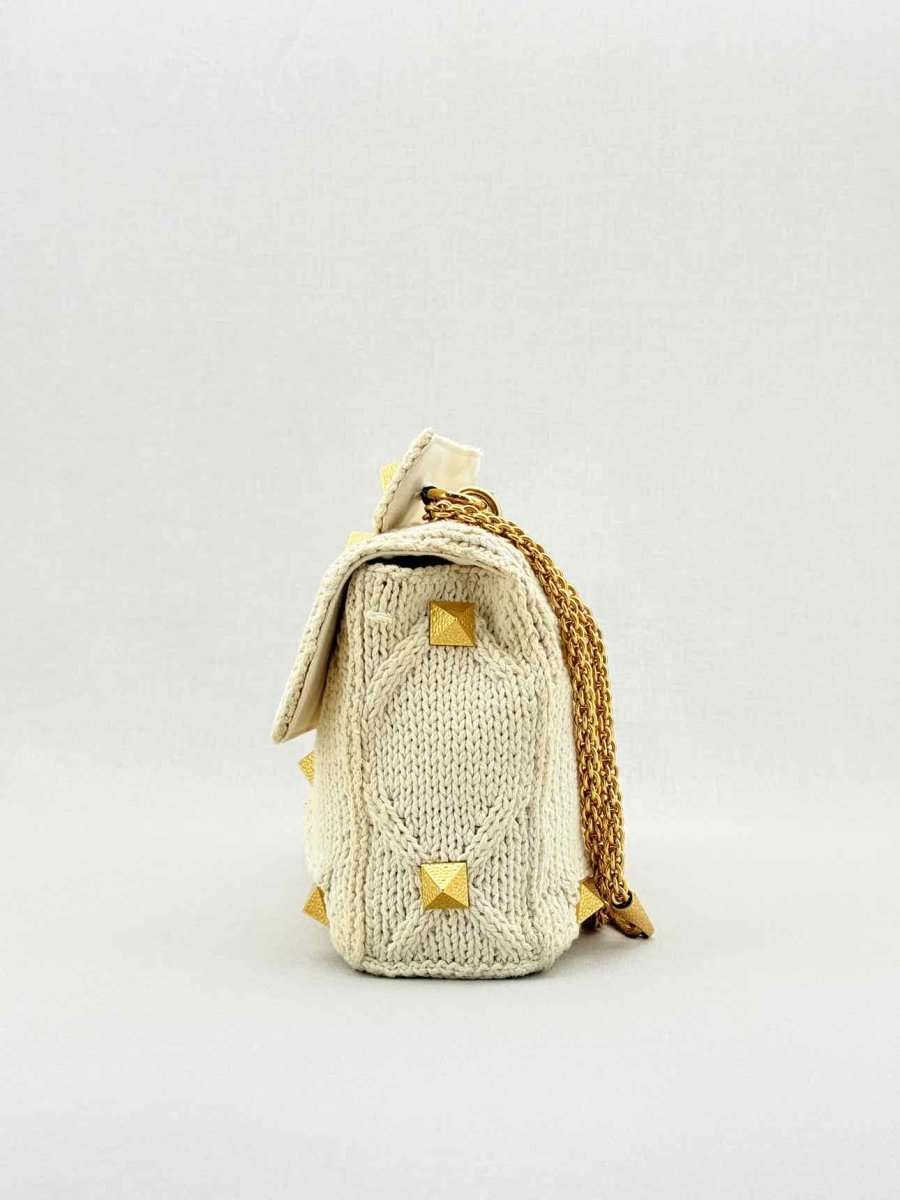 Pre - loved VALENTINO Roman Stud Knit Off - white Top Handle at Reems Closet