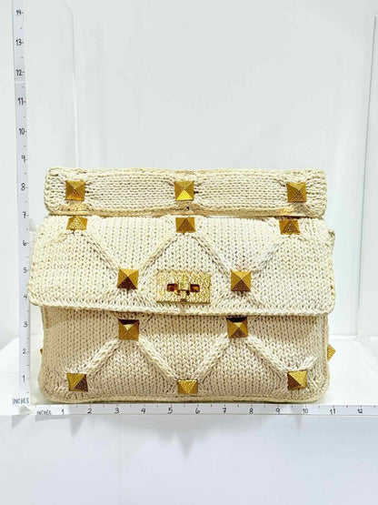 Pre - loved VALENTINO Roman Stud Knit Off - white Top Handle at Reems Closet