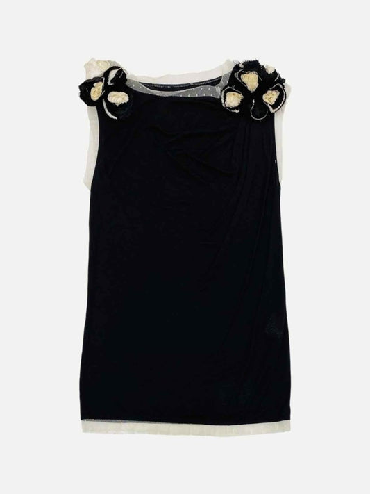 Pre - loved VALENTINO Sleeveless Black w/ White Rose Detail Top at Reems Closet