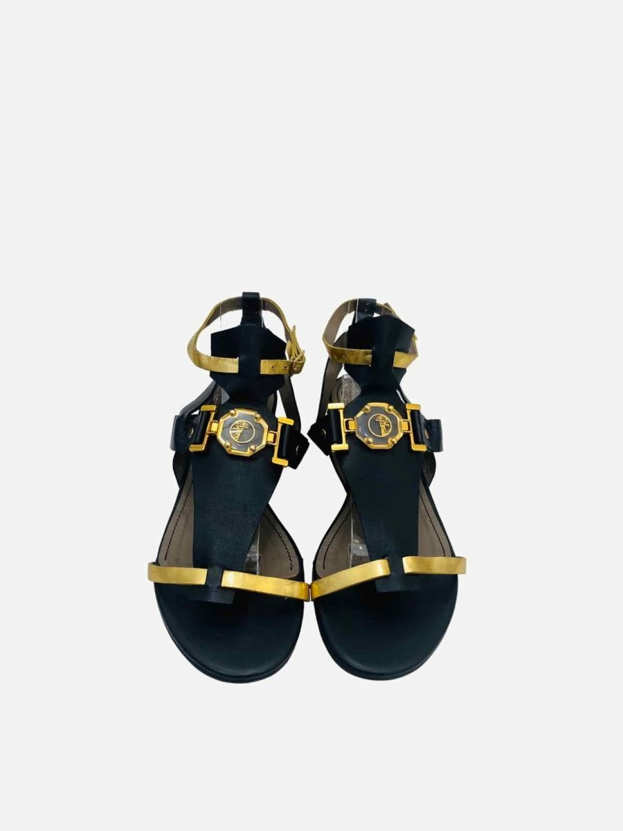 Pre - loved VERSACE Ankle Strap Black & Gold Sandals 37.5 at Reems Closet