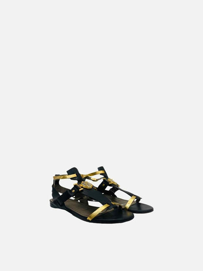 Pre - loved VERSACE Ankle Strap Black & Gold Sandals 37.5 at Reems Closet