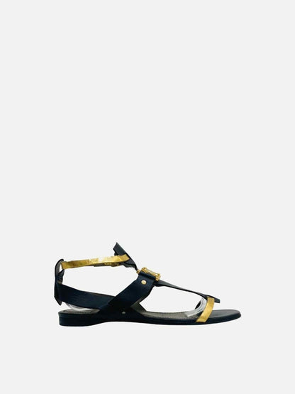 Pre - loved VERSACE Ankle Strap Black & Gold Sandals at Reems Closet