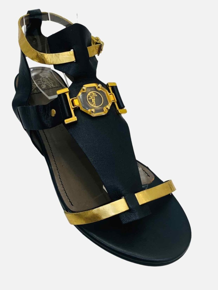 Pre - loved VERSACE Ankle Strap Black & Gold Sandals at Reems Closet