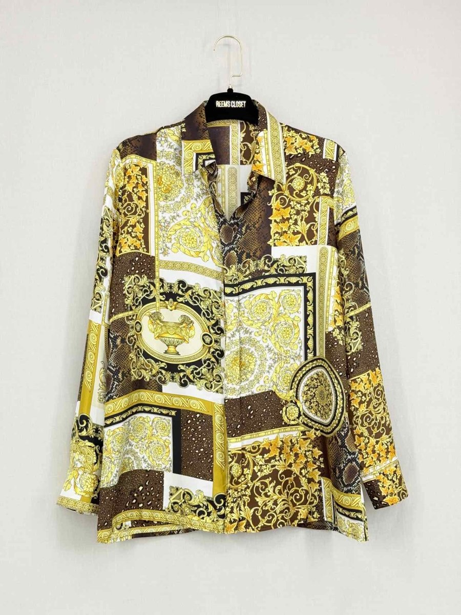 Pre - loved VERSACE Brown & Yellow Baroque Floral Size US 4 Blouse at Reems Closet