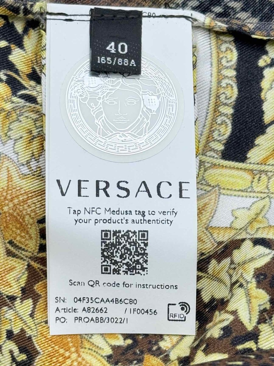 Pre - loved VERSACE Brown & Yellow Baroque Floral Size US 4 Blouse at Reems Closet