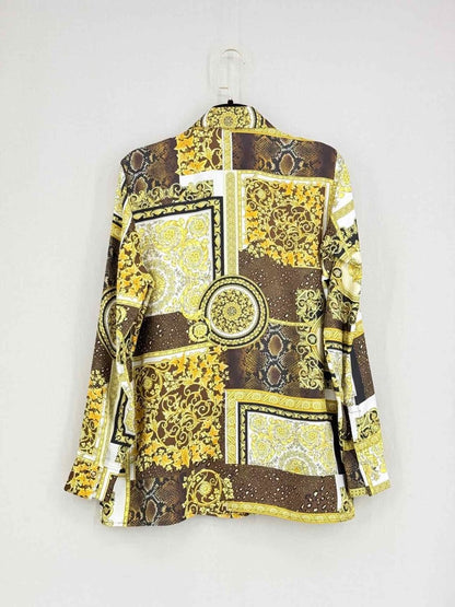 Pre - loved VERSACE Brown & Yellow Baroque Floral Size US 4 Blouse at Reems Closet