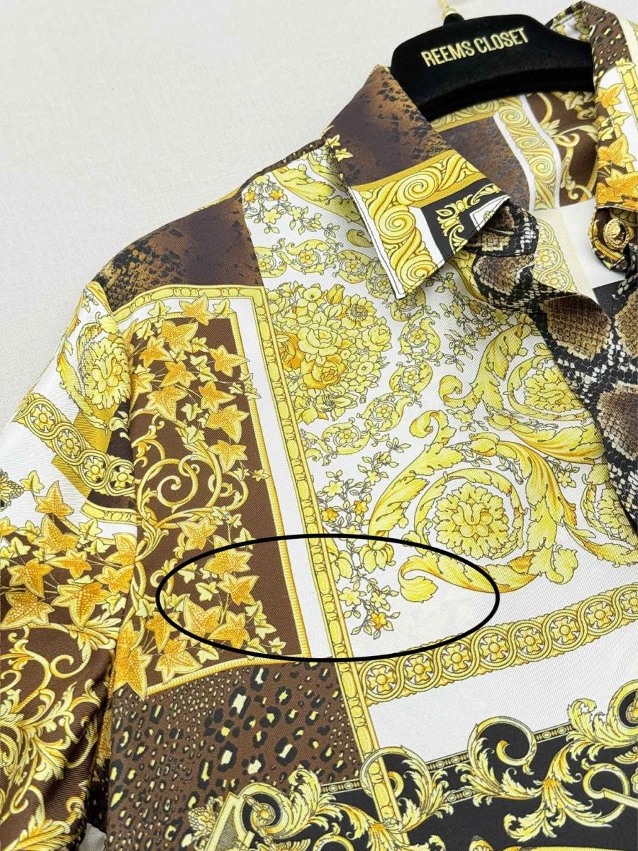 Pre - loved VERSACE Brown & Yellow Baroque Floral Size US 4 Blouse at Reems Closet