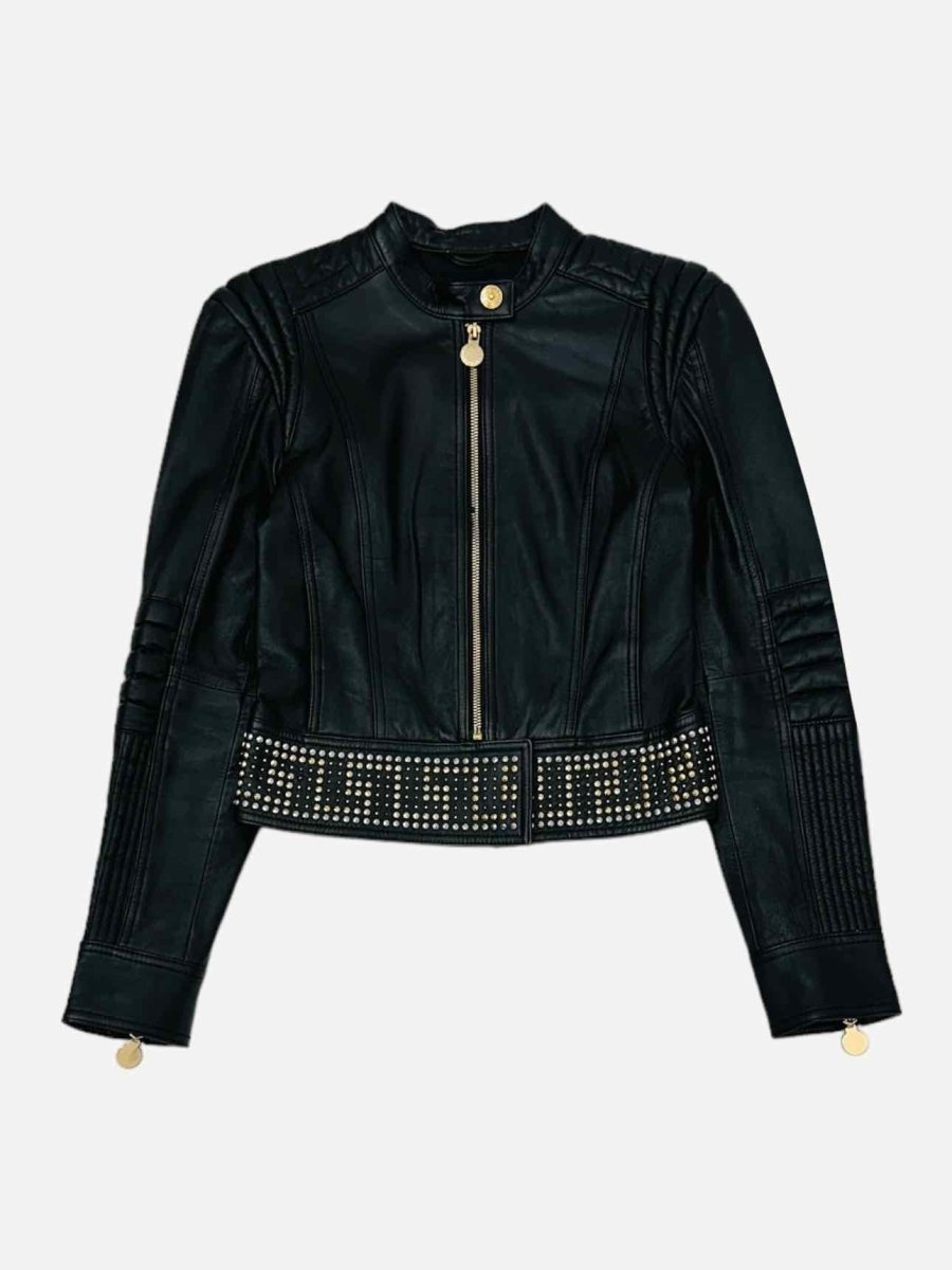 Pre - loved VERSACE For H&amp;M Leather Black Logo Jacket at Reems Closet