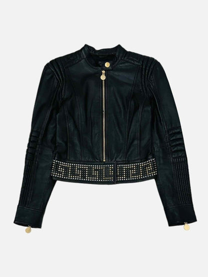 Pre - loved VERSACE For H&amp;M Leather Black Logo Jacket at Reems Closet