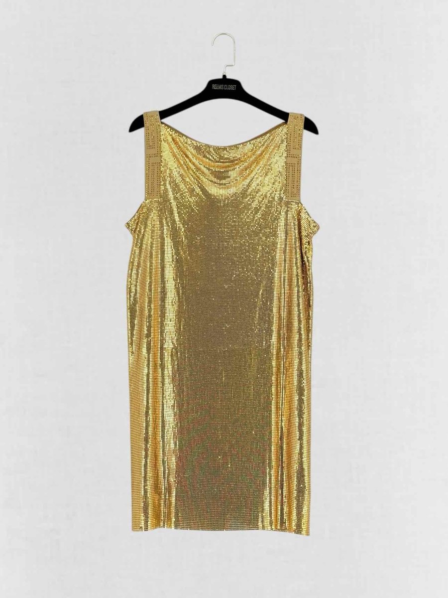 Pre - loved VERSACE Gold Size US 6 Short Dress at Reems Closet