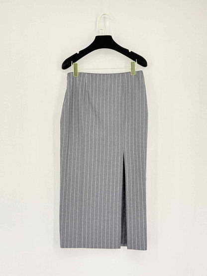 Pre-loved VERSACE Grey & White Pinstripe Size US 2 Midi Skirt at Reems Closet
