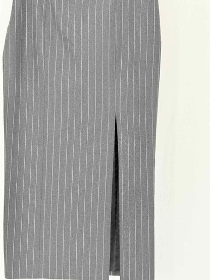Pre-loved VERSACE Grey & White Pinstripe Size US 2 Midi Skirt at Reems Closet