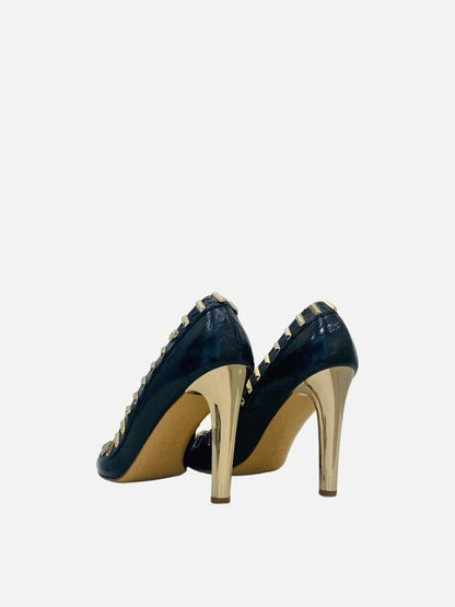 Pre - loved VERSACE Open Toe Black & Gold Pumps at Reems Closet