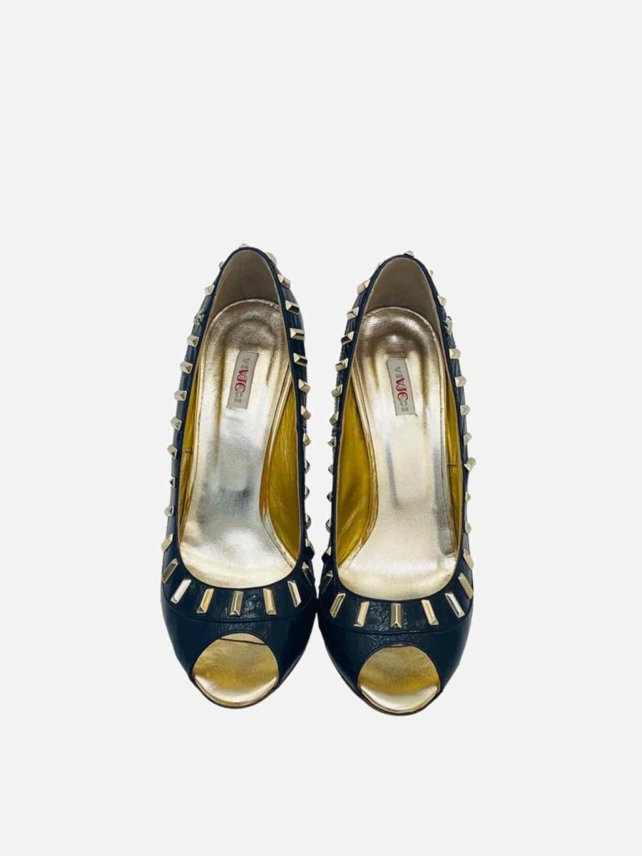 Pre - loved VERSACE Open Toe Black & Gold Pumps at Reems Closet