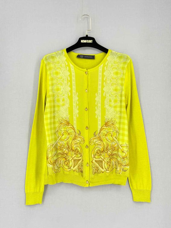 Pre-loved VERSACE Yellow Barocco Print Size US 6 Cardigan at Reems Closet