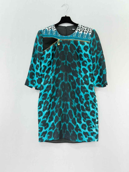 Pre - loved VERSUS VERSACE Sheath Blue & Black Leopard Short Dress at Reems Closet