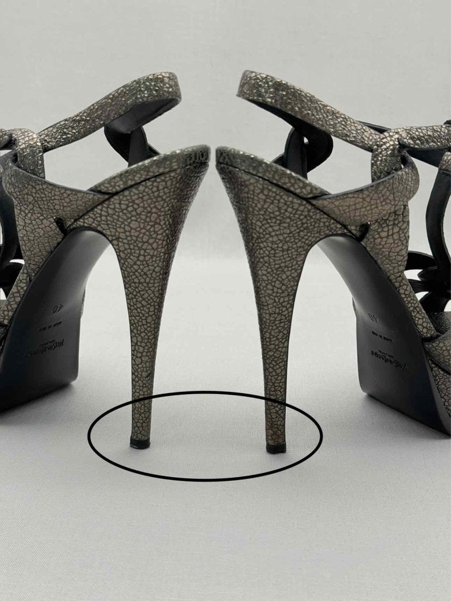 Pre-loved YSL Tribute Metallic Grey Size EU 40 Platform Sandals at Reems Closet
