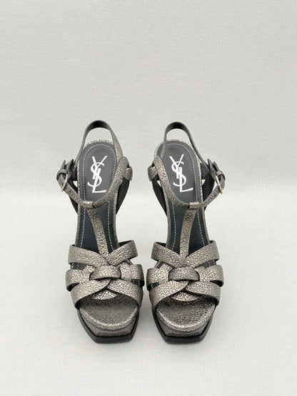 Pre-loved YSL Tribute Metallic Grey Size EU 40 Platform Sandals at Reems Closet
