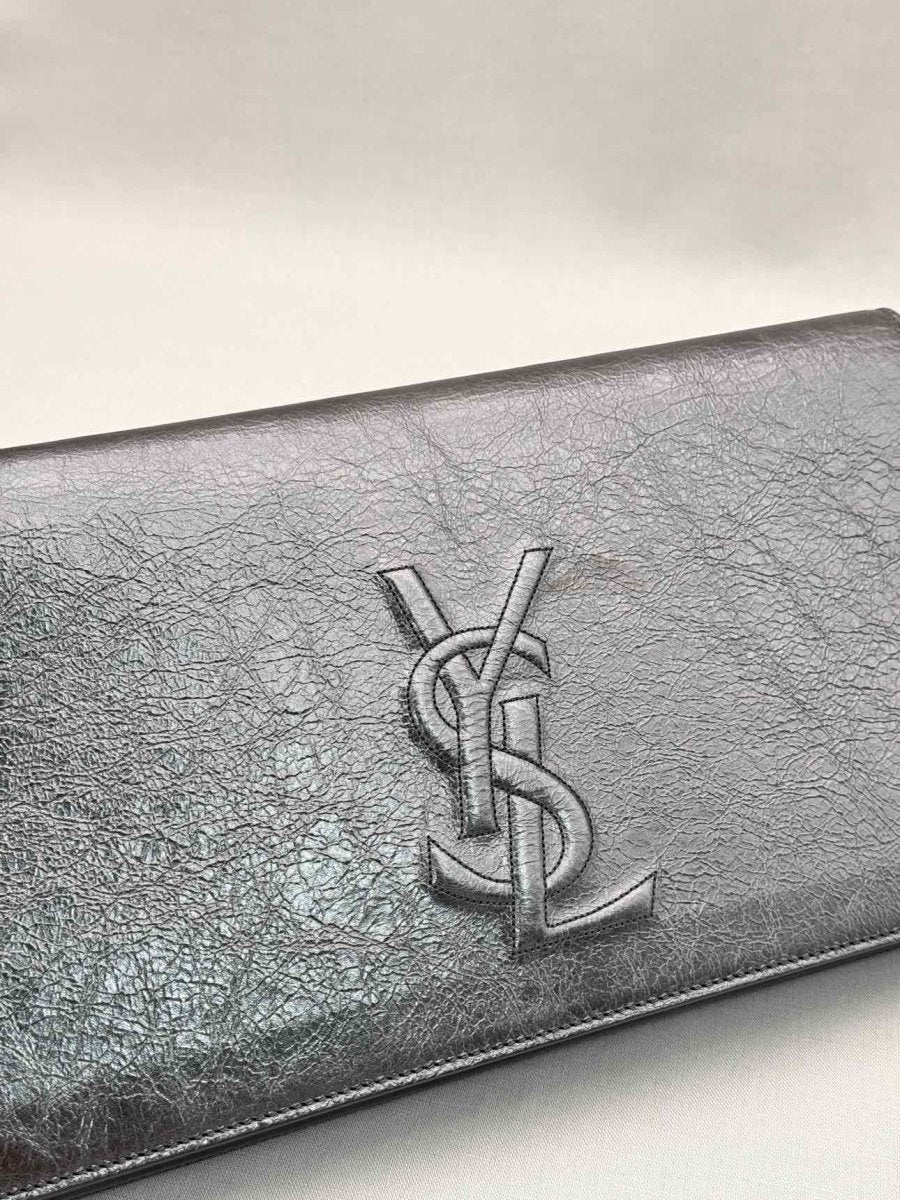 Pre-loved YVES SAINT LAURENT Belle De Jour Metallic Grey Clutch at Reems Closet