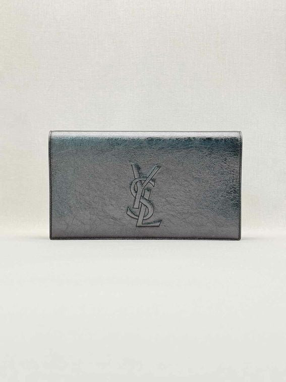 Pre-loved YVES SAINT LAURENT Belle De Jour Metallic Grey Clutch at Reems Closet